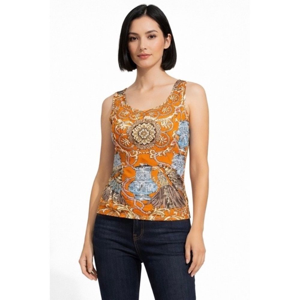J McLaughlin Orange Baroque Print Sleeveless Tank Top Women XL